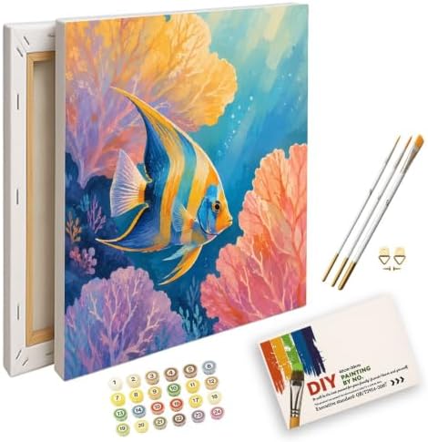 Ocean Animals Digital Painting Kit for Adults - DIY Tropical Angelfish Coral Reef Oil Painting on Canvas 8X12IN framed, Acrylic Paint Kit, Good for Beginners, Coastal Home Decor or Gift Artwork