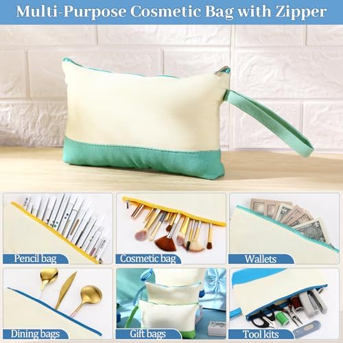 Silkfly 30 Pcs Cotton Canvas Makeup Bags Cosmetic Zipper Bags 10.2 x 5.5 x 2'' Blank DIY Pouch Bulk Pencil Case with Bottom Travel Toiletry Pouch for Women Craft Decor Gift (Blue,Green)