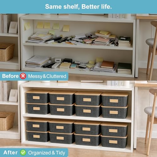 Bagnizer 4 Pack Plastic Storage Bins with Bamboo Lids, 6.2qt Stackable Storage Organizer Box with Lable for Pantry Shelves Drawers Desktop Office, 12"L x 8.3"W x 3.5"H, Gray