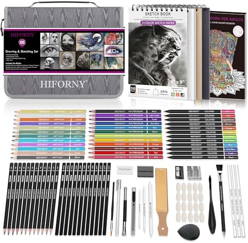 HIFORNY 100 PCS Drawing & Sketching Set, Professional Art Supplies with Graphite,Charcoal, Colored,Watercolor,Metallic Pencils,Blending Tools,Sketchbook and Coloring Book in Zipper Case (Grey)
