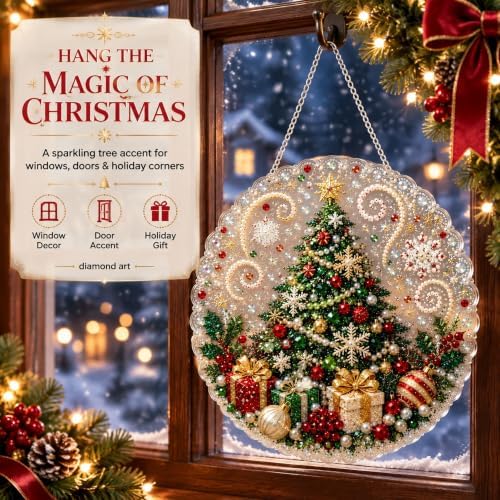 Christmas Pearl Diamond Painting Suncatcher Kit, Pearl Diamond Art Kits for Adults | 3D Mixed-Sized Christmas Bead Art Craft with Acrylic Round Board for Home Decor and Holiday Gifts (Style C)