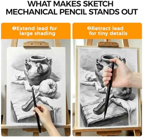 Sketch Mechanical Pencil Set - 7.2 inch 4 Hardness Grades Charcoal Leads