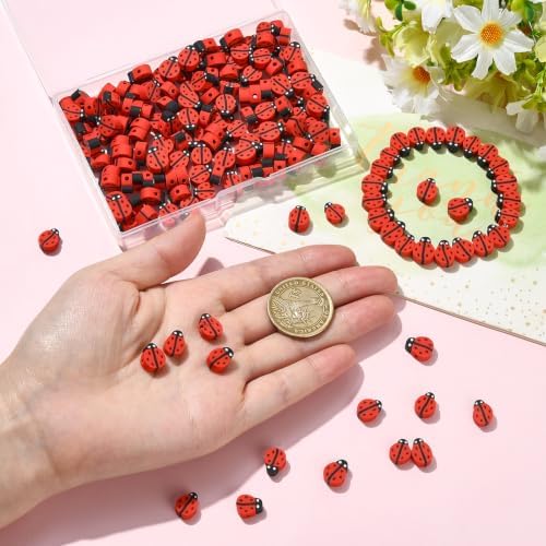 200Pcs Ladybug Polymer Clay Beads for Bracelets Making, Handmade Orange Red Animal Ladybird Spacer Beads for Jewelry Necklaces Earrings Keychain Making and Crafting Craft Gift
