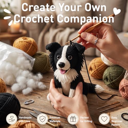 FACE N FACE DIY Crochet Border Collie Dog Kit for Beginners–Amigurumi Stuffed Dog Knitting Kit with Yarn, Hook, Safety Eyes & Step-by-Step Instructions–Easy Beginner Crochet Craft for Dog Lovers
