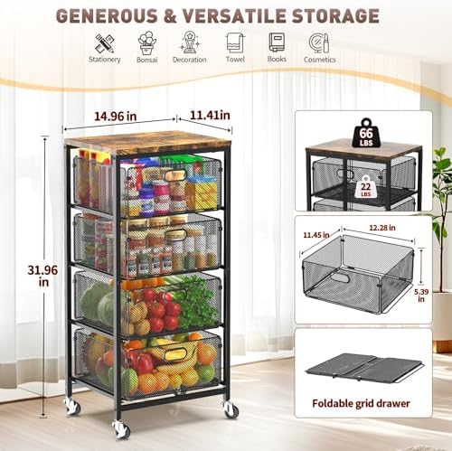 SUNALLY Kitchen Storage Cart with Drawers,Metal Snack Cart Organizer,Black