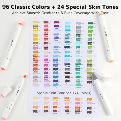 HOTU Alcohol Markers 120 Colors Brush& Chisel Dual Tips for Adults Coloring | 96 Colors+24 Skin Tone Colors, Art Markers for Artists Beginners Illustration Sketching, Non-Bleeding Pad-CPC Certificated