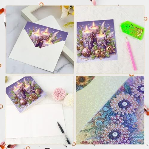 6Pcs Christmas Greeting Card DIY Diamond Art Painting Greeting Cards Blessing Folding Card Kit with White Envelopes Diamond Arts Crafts for Birthday Festival Gift-Purple
