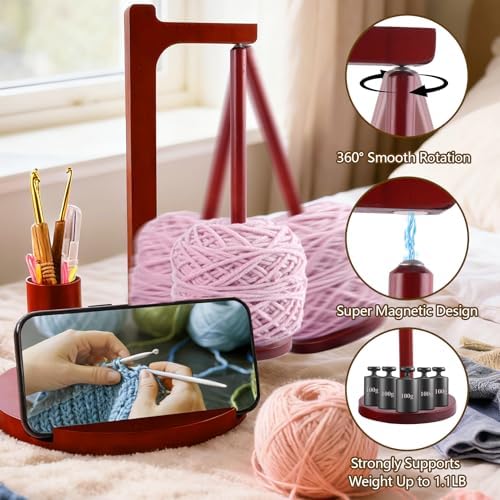 Yarn Holder for Crocheting and Knitting, Wooden Magnetic Yarn Spinner Rotating Holder with Crochet Hooks and Needles, Phone Stand and Storage Organizer, Ideal Gift for Knitting Lovers