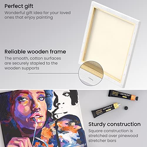 ARTEZA Stretched Canvas, 12 x 12 Inches, Pack of 8, Blank White Square Canvas for Painting for Acrylic, Oil and Gouache Paints | Cotton-Texture Surface, Wood Frame, Pre-Primed, For Acrylic, Oil, Gouache, Tempera, Pouring Art and Wall Pieces