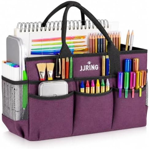 JJRING Large Art Supply Storage Tote Bag With Mesh Pockets, Purple