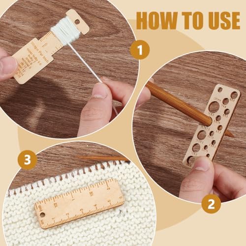 BENECREAT 3Pcs Mini Wooden Gauge Keychains, Knitting Needle Gauge, Yarn Wrap Guide Board, Multifunctional Ruler with Alloy Clasp for Crochet DIY Sewing
