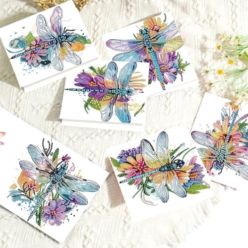 AiYuanzsh 6 Pack Diamond Art Greeting Card Kits with Envelope – Dragonfly Design Floral Crystal Rhinestone Birthday & Holiday Cards, DIY Postcards for Christmas, Thanksgiving, and Gifts