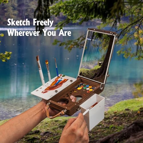 ACODE Wood Travel Watercolor Palette, Plein Air Easel Pochade Box for Art Supplies, Mini Walnut Portable Sketchbox for Painting, Handhold Tabletop Easel Storage Box, Wooden Art Box for Outdoor