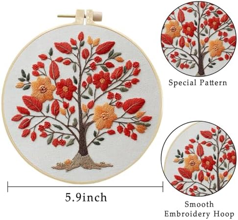 LB 4-Pack Halloween Ghost Embroidery Kit for Beginners: Orange Fall Tree Cross Stitch Kit | Adults DIY Starter Kit Includes Embroidery Hoop, Colorful Threads, Tools and Instructions