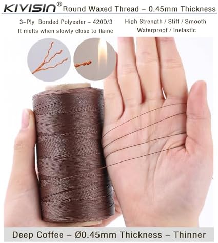 Thin Wax Polyester Thread, 0.45mm, 547 Yards, 3 Ply Round Waxed Cord Strings for Sewing, Beading, Binding, Micro Braiding, Fine Leather Craft and Micro Macrame Jewelry - Deep Coffee