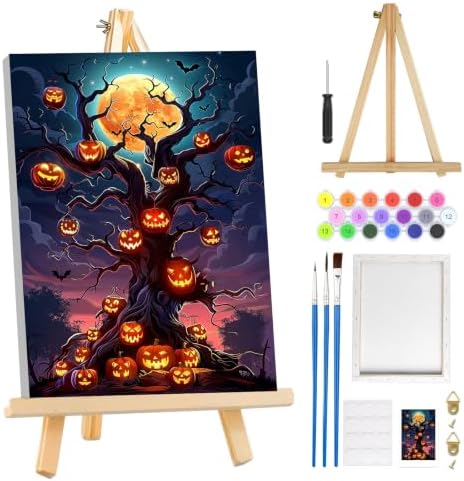 MOGTAA Halloween Paint by Numbers Kit for Adults Beginners with Frame, Pumpkin Tree Adult Paint by Number Kits on Canvas with Easel, Easy DIY Landscape Oil Painting Kits for Home Decor, 8x12in