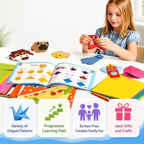 Origami Kit for Kids Ages 5-8 8-12, 100 Sheets Colored Origami Paper - 45 Animal Patterns with Instruction Manual & Video Guide, Travel Game Activity, Gifts for 8 Year Old Girls