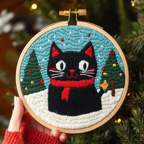 DIY Punch Needle Kits Black Cat with Christmas with Hoop 20x20cm-1
