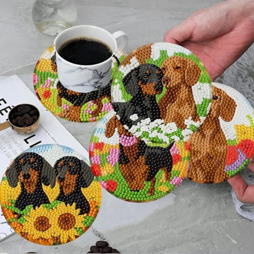 ijbnhd 8 Pcs Cute Dog Diamond Art Coasters Kits, 4x4 inch (Cork Wooden Pad)