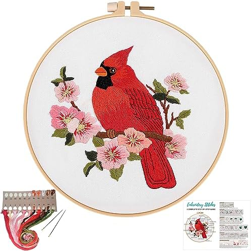 Louise Maelys Cardinal Embroidery Kits for Beginners with Flower Pattern
