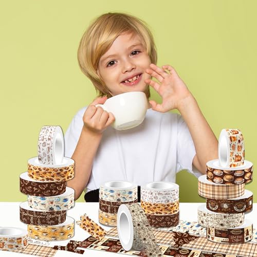 12 Pcs Coffee Washi Tape Coffee Masking Tape Decorations Vintage Watercolor Brown Cafe Decorative Paper Sticker for Vintage Journals, Planners, DIY Craft Gift Wrapping Handbook Stickers