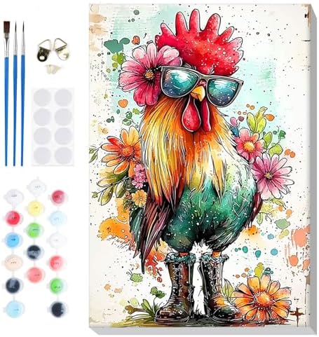 Bowetile Framed Paint by Numbers Chicken for Adults Beginners, Adults' Paint-by-Number Rooster Kits, Easy Adult Paint by Number Kits on Canvas, Acrylic Animals Number Painting for Home Decor, 8x12in