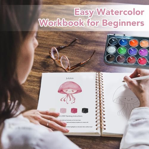 Easy Watercolor Workbook for Beginners - 12 Beautiful Step-by-Step Paintings Water Coloring Book, Includes 18 Colors Paints, Relaxing Art Projects and Creative Gift for Adults & Teen (Marine Animals)
