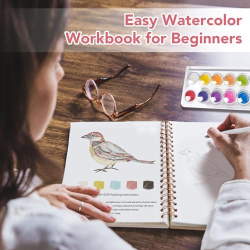 Easy Watercolor Workbook for Beginners - 12 Beautiful Step-by-Step Paintings Water Coloring Book, Includes 16 Colors Paints, Relaxing Art Projects and Creative Gift for Adults & Teen (Birds)