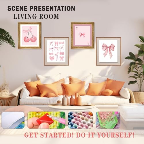 XUNLURY Pink Coquette Bow Diamond Art Kits 4 Pcs, Preppy Girly Pink Bow Ace Cherry Diamond Painting Kits for Adults Girls Beginners, Full Drill Diamonds Dots for Home Decor, 9.8x11.8 Inch