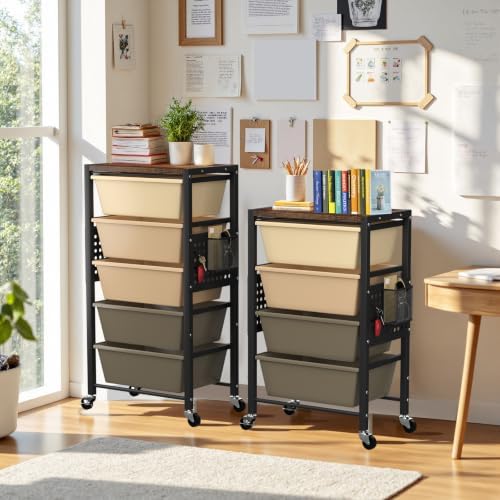 Rolling Cart with 4 Drawers, Plastic Drawer Storage Carts with Wheels & Wooden Tabletop, Metal Utility Cart with Pegboards, Office Living Room Classroom Craft Organization and Storage, Dark Brown