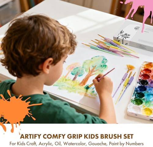 Artify Paint Brushes for Kids, 15-Sizes Paint Brush Set for Kid's Arts and Crafts, Ergonomic Donuts Handle | Macaron Colors Kids Paint Brushes, for Acrylic, Oil, Watercolor, Gouache, Paint by Numbers