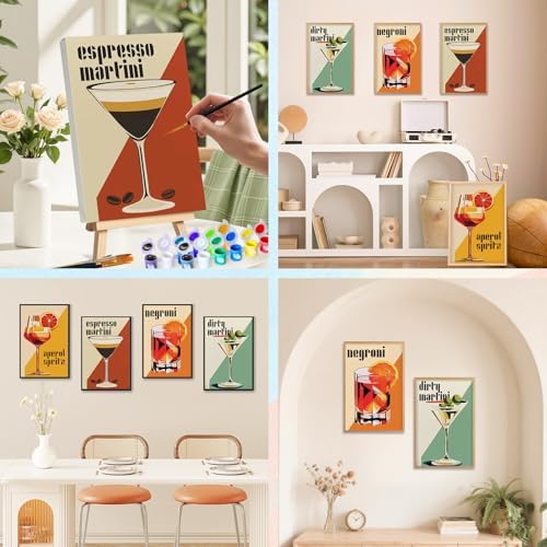 Camocin 4 Pack Framed Paint by Numbers Kit for Adults with Wooden Easel | Retro Cocktail Artwork, DIY Canvas Painting Set, Home Bar Wall Decor, Beginner Friendly, Vintage Style, 8x12 Inch