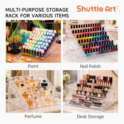 Shuttle Art 2-Pack of Acrylic Paint Organizer With Paint Brush Holder, 7 Layers Clear Storage Rack, Snap On Organizer for Acrylic Paint, Oil Paints, Nail Polish and Craft Supplies