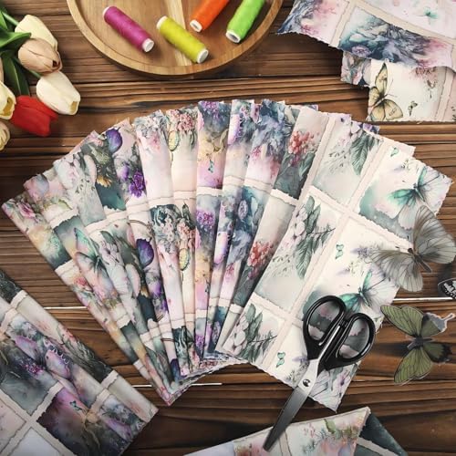 HunnmingRe 20 Pcs 10''x10'' Vintage Butterfly Quilting Fabric Square Spring Floral Precuts Quilted Fabric Bundle Watercolor Butterfly Printed Sewing Material for Holiday Patchwork DIY Craft Supplies