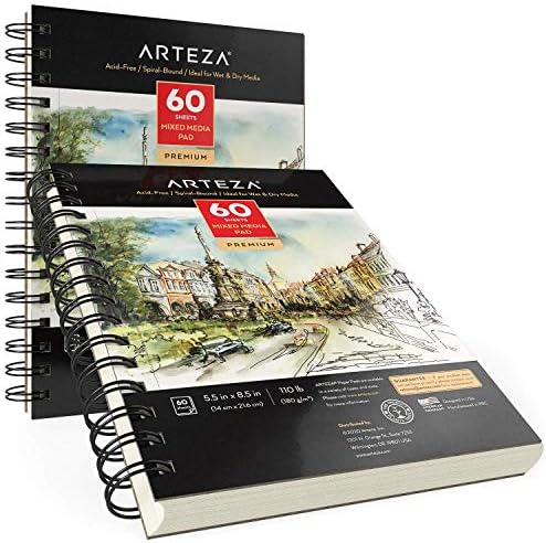 ARTEZA Mixed Media Sketchbook, 5.5 x 8.5 Inches, Pack of 1, 60 Sheets, Micro-Perforated Spiral-Bound Paper Pad for Wet and Dry Media