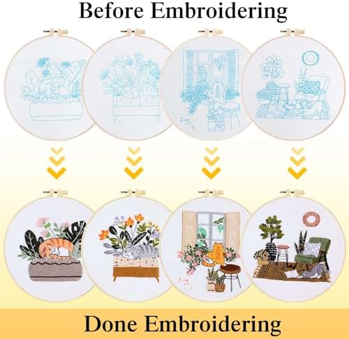 4 Sets Pussy Cat Embroidery Kit for Beginners with Tool Set Cat Pattern