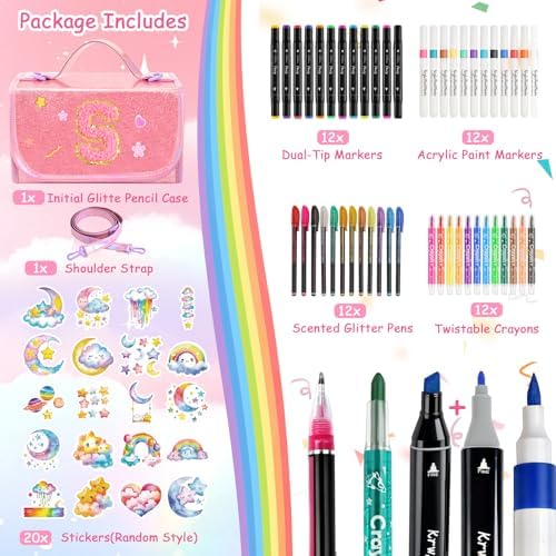SHXWELL 69 PCS Initial Washable Scented Markers Set with Glitte Pencil Case Shoulder Strap, Personalized Art Supplies and Crafts for Kids Ages 4-6-8, Birthday Gifts for Girls Coloring Markers Set (S)
