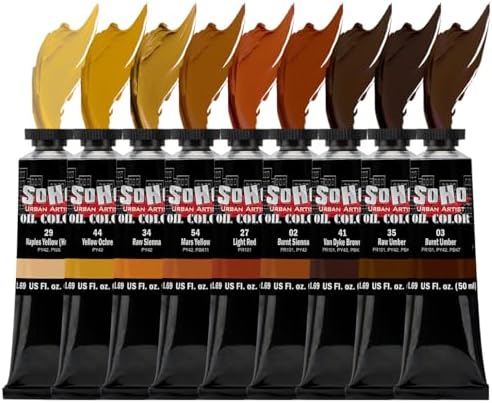 Soho Urban Artist Oil Paint Earth Colors Set of 9-50mL Tubes, Triple-Milled Oils with Refined Linseed - Smooth Application, True Color Mixes, Ideal for Brushes & Palette Knives