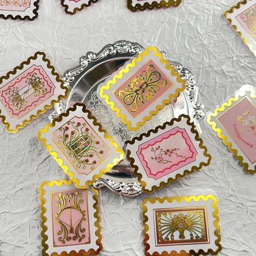 50 PCS Cartoon love stamps Stickers Aesthetic PET Stickers Gold Stamp Decal Waterproof Decorative Decals for Scrapbook DIY Crafts Album Bullet Journal Planner Water Bottles Laptop Phone (Gold stamp-B)