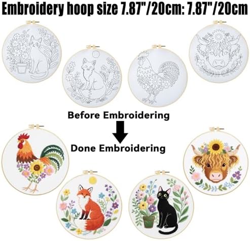 ORIGACH 4 Pcs Flower and Animal Embroidery Kit for Beginners, Stamped Design Embroidery Starter Kit Includes Cloth, Hoops, Threads & Needles
