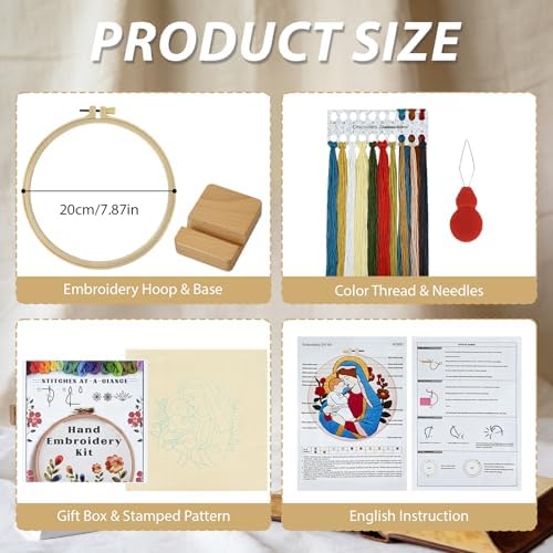 Christian Embroidery Kit for Beginners Adults, Virgin Mary Easy Cross Stitch Kit Jesus and The Holy Mother Mary Pattern Embroidery Starter Kits with Wooden Hoop Needles Threads and Instruction