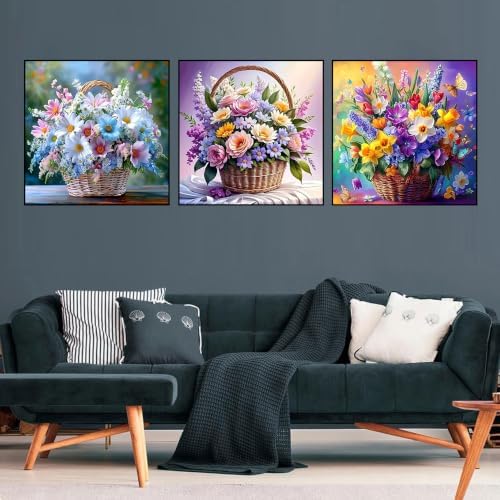 WNPOKN 3 Pack Floral Basket Diamond Art Kits for Adults 12x12Inch