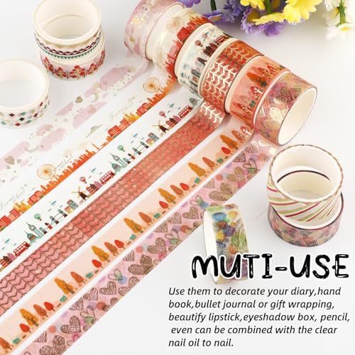 12 Rolls Aesthetic Washi Tape Set, Gold Foil Tree Ferris Wheel Hot Air Balloon Decorative Tape, Landscape Pattern Masking Tapes for DIY Scrapbook Design Journaling Handbook Making Card Wrap Craft