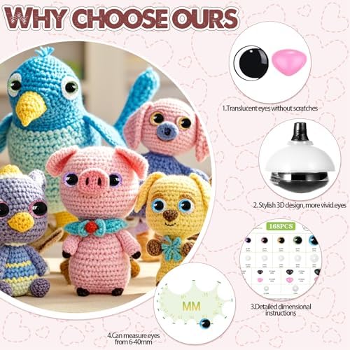 MUCUNNIA 160pcs 12-35mm 3D Moon Glitter Safety Eyes and Noses with Washers