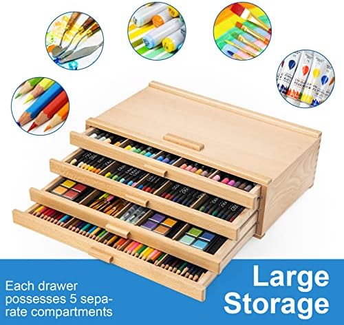 Falling in Art Wooden Pastel Storage Box With 4 Removable Drawers | Artist Supply Storage Box, Portable Organizer Box for Pencils, Markers, Brushes and Painting Tools