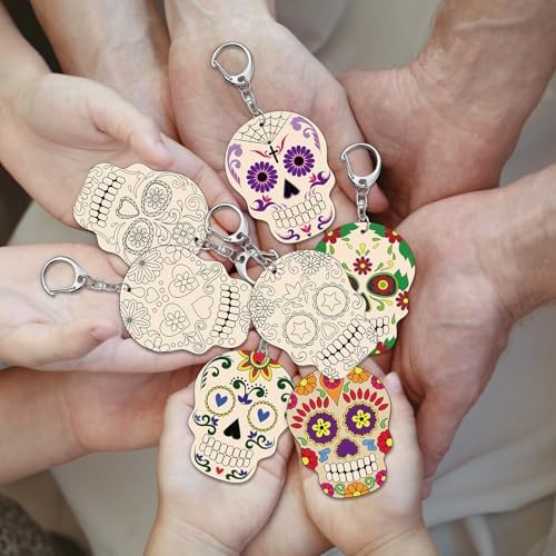 Trnayi 36 Pcs Day of The Dead Wood Keychain Color Your Own DIY Craft | Day of The Dead Wooden Keychain, Color Your Own Unfinished Craft, Blank Wood Painting DIY Craft, for Home Handcraft Project