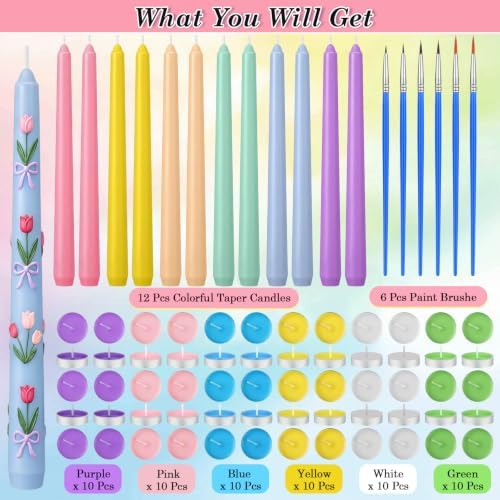 MTLEE 78 Pcs DIY Candle Painting Kit Include 12 Taper Candles 60 Colored Tealight Candles 6 Paint Brushes for Crafts Birthday Wedding Party Favors (Macaron Color)