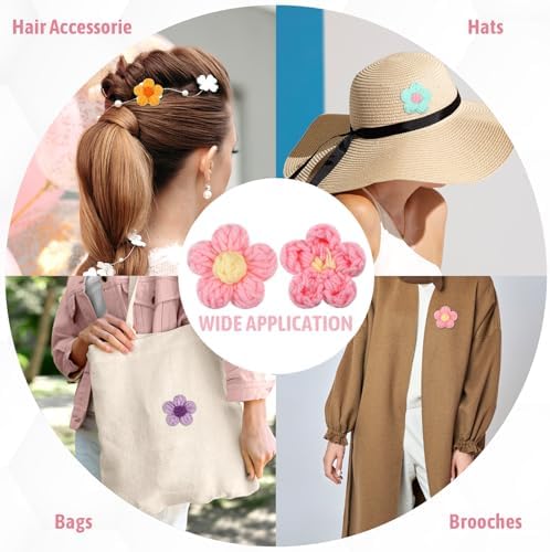 50 Pcs Cute Crochet Flowers Knitted Yarn Flowers Handmade Crochet Flower Sew/Iron On Patches, Beautiful Crocheted Floral, for Crafts Embellishments, Clothing, DIY Hair Headbands (14 Colors B)