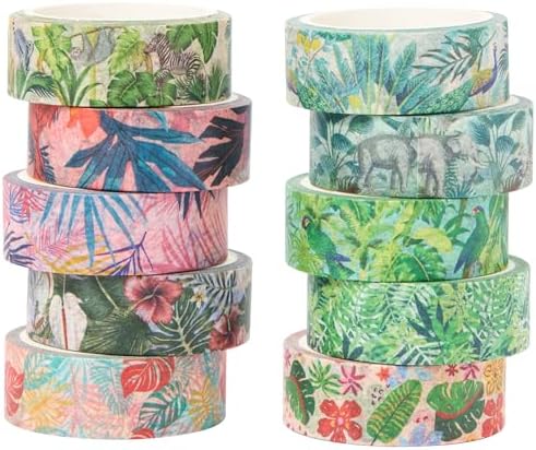 Plants Washi Tape Set in Painting Style 10 Rolls Tropical Rainforest Drawing Masking Animals Graphic Decorative Tapes for Arts, DIY Crafts, Journals, Planners, Scrapbook, Wrapping