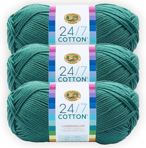 Lion Brand Yarn, 24/7 Cotton Yarn, Jade, Green, 3 Pack